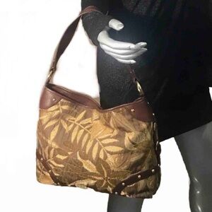 Vintage Etienne Aigner Tan and Golden Bronze Leafy Tapestry Hobo Shoulder Purse
